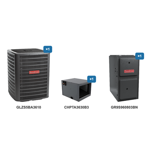 Goodman 3 Ton Heat Pump & Gas Furnace Dual Fuel System: GLZS5BA3610, CHPTA3630B3, GR9S960803BN