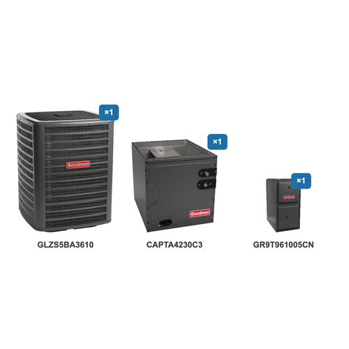 Goodman 3 Ton Heat Pump & Gas Furnace Dual Fuel System: GLZS5BA3610, CAPTA4230C3, GR9T961005CN