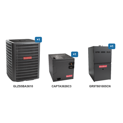 Goodman 3 Ton Heat Pump & Gas Furnace Dual Fuel System: GLZS5BA3610, CAPTA3626C3, GR9T801005CN