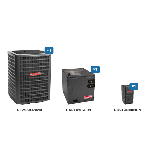 Goodman 3 Ton Heat Pump & Gas Furnace Dual Fuel System: GLZS5BA3610, CAPTA3626B3, GR9T960803BN