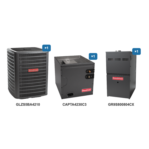 Goodman 3.5 Ton Heat Pump & Gas Furnace Dual Fuel System: GLZS5BA4210, CAPTA4230C3, GR9S800804CX
