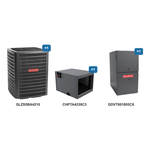 Goodman 3.5 Ton Heat Pump & Gas Furnace Dual Fuel System: GLZS5BA4210, CHPTA4230C3, GDVT801005CX