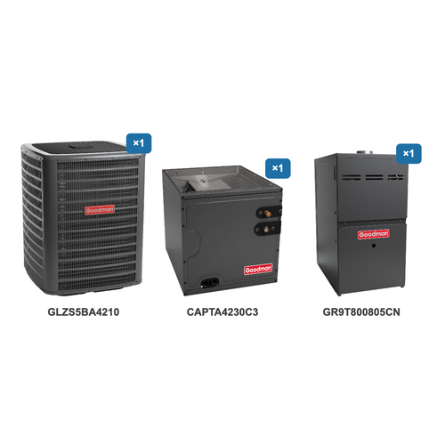 Goodman 3.5 Ton Heat Pump & Gas Furnace Dual Fuel System: GLZS5BA4210, CAPTA4230C3, GR9T800805CN