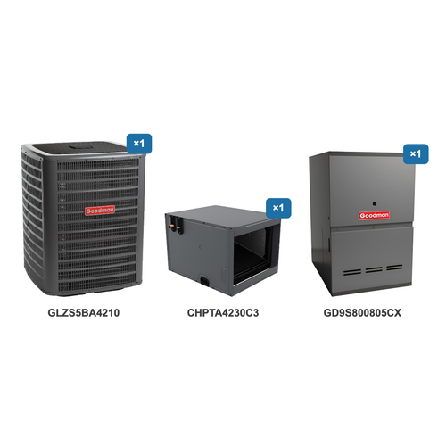 Goodman 3.5 Ton Heat Pump & Gas Furnace Dual Fuel System: GLZS5BA4210, CHPTA4230C3, GD9S800805CX