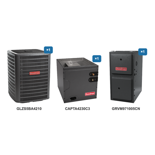Goodman 3.5 Ton Heat Pump & Gas Furnace Dual Fuel System: GLZS5BA4210, CAPTA4230C3, GRVM971005CN