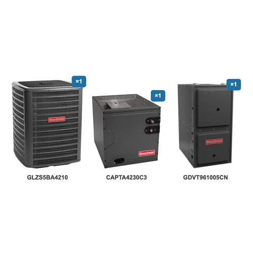 Goodman 3.5 Ton Heat Pump & Gas Furnace Dual Fuel System: GLZS5BA4210, CAPTA4230C3, GDVT961005CN