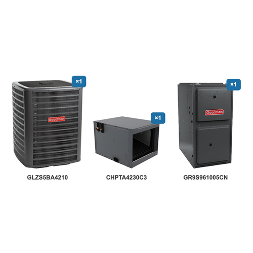 Goodman 3.5 Ton Heat Pump & Gas Furnace Dual Fuel System: GLZS5BA4210, CHPTA4230C3, GR9S961005CN