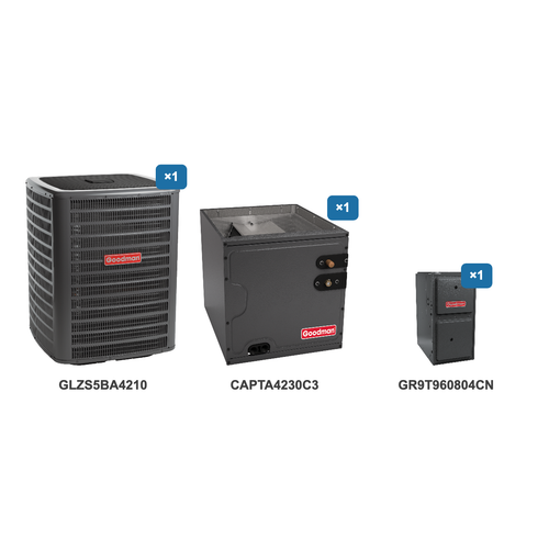 Goodman 3.5 Ton Heat Pump & Gas Furnace Dual Fuel System: GLZS5BA4210, CAPTA4230C3, GR9T960804CN