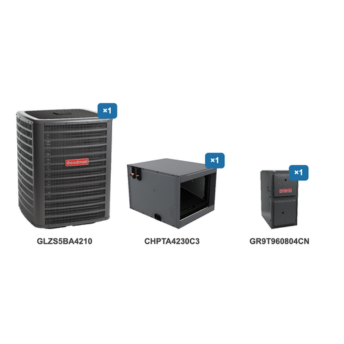 Goodman 3.5 Ton Heat Pump & Gas Furnace Dual Fuel System: GLZS5BA4210, CHPTA4230C3, GR9T960804CN