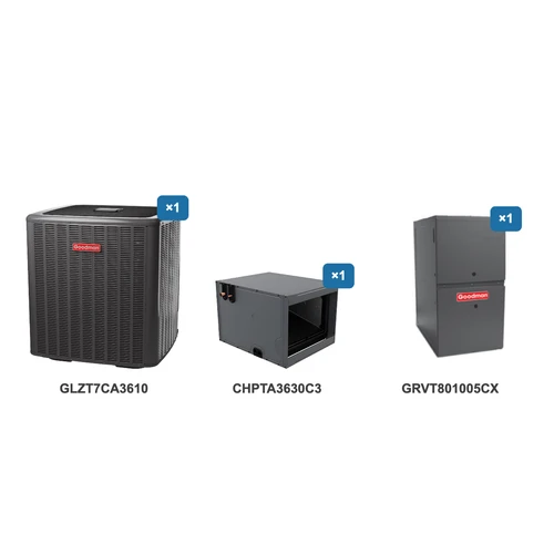 Goodman 3 Ton Heat Pump & Gas Furnace Dual Fuel System: GLZT7CA3610, CHPTA3630C3, GRVT801005CX
