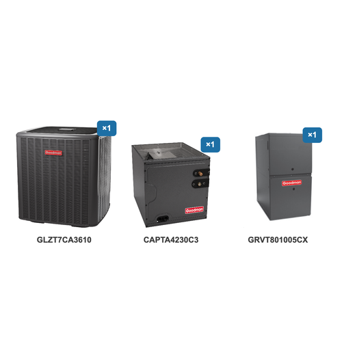 Goodman 3 Ton Heat Pump & Gas Furnace Dual Fuel System: GLZT7CA3610, CAPTA4230C3, GRVT801005CX