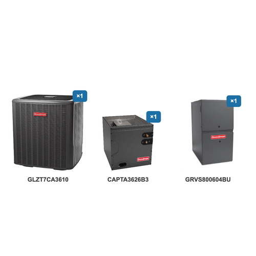 Goodman 3 Ton Heat Pump & Gas Furnace Dual Fuel System: GLZT7CA3610, CAPTA3626B3, GRVS800604BU