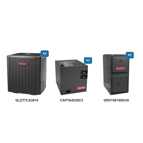 Goodman 3 Ton Heat Pump & Gas Furnace Dual Fuel System: GLZT7CA3610, CAPTA4230C3, GRVT961005CN