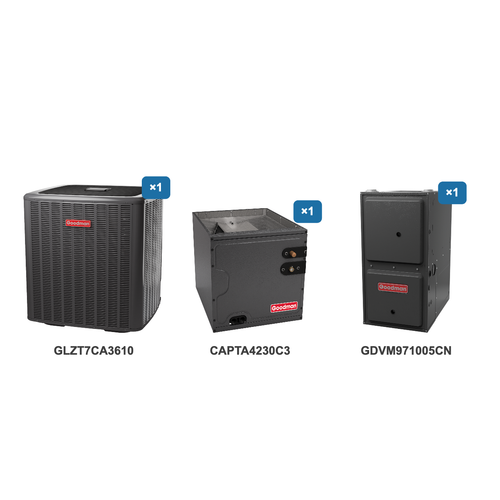 Goodman 3 Ton Heat Pump & Gas Furnace Dual Fuel System: GLZT7CA3610, CAPTA4230C3, GDVM971005CN