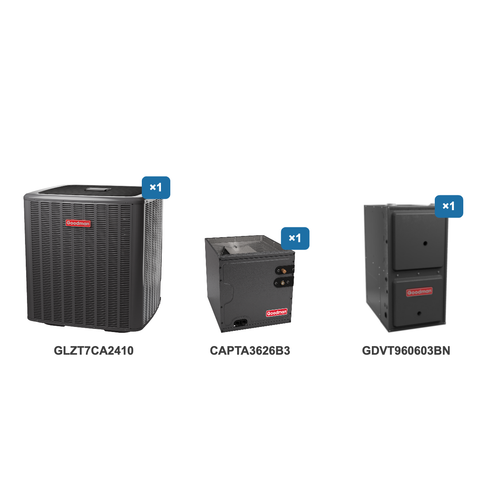 Goodman 2 Ton Heat Pump & Gas Furnace Dual Fuel System: GLZT7CA2410, CAPTA3626B3, GDVT960603BN
