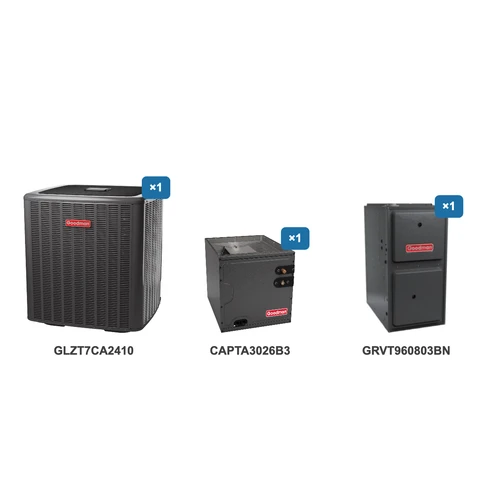Goodman 2 Ton Heat Pump & Gas Furnace Dual Fuel System: GLZT7CA2410, CAPTA3026B3, GRVT960803BN