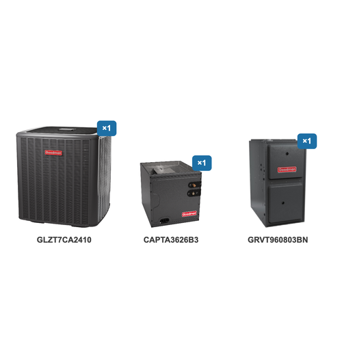 Goodman 2 Ton Heat Pump & Gas Furnace Dual Fuel System: GLZT7CA2410, CAPTA3626B3, GRVT960803BN