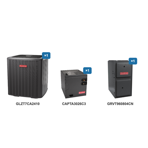 Goodman 2 Ton Heat Pump & Gas Furnace Dual Fuel System: GLZT7CA2410, CAPTA3026C3, GRVT960804CN