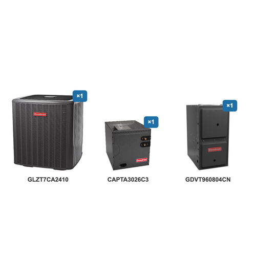 Goodman 2 Ton Heat Pump & Gas Furnace Dual Fuel System: GLZT7CA2410, CAPTA3026C3, GDVT960804CN