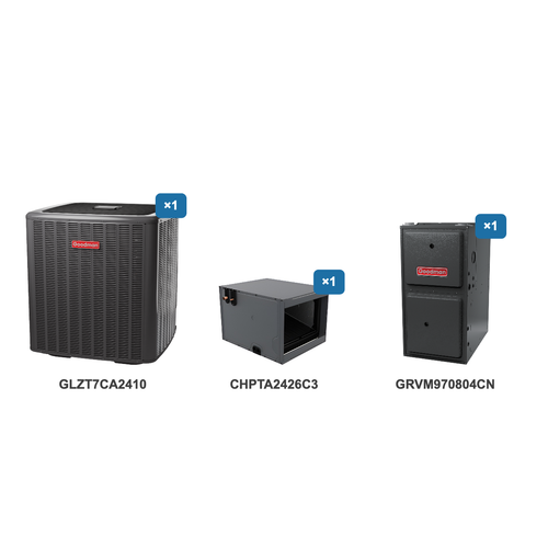 Goodman 2 Ton Heat Pump & Gas Furnace Dual Fuel System: GLZT7CA2410, CHPTA2426C3, GRVM970804CN