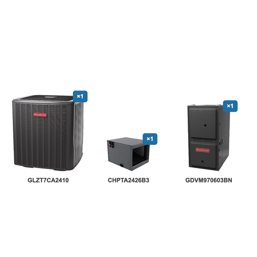 Goodman 2 Ton Heat Pump & Gas Furnace Dual Fuel System: GLZT7CA2410, CHPTA2426B3, GDVM970603BN