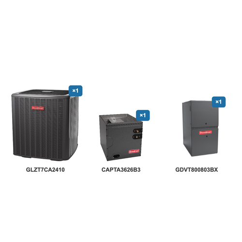 Goodman 2 Ton Heat Pump & Gas Furnace Dual Fuel System: GLZT7CA2410, CAPTA3626B3, GDVT800803BX