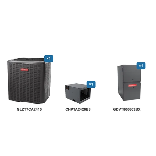 Goodman 2 Ton Heat Pump & Gas Furnace Dual Fuel System: GLZT7CA2410, CHPTA2426B3, GDVT800603BX