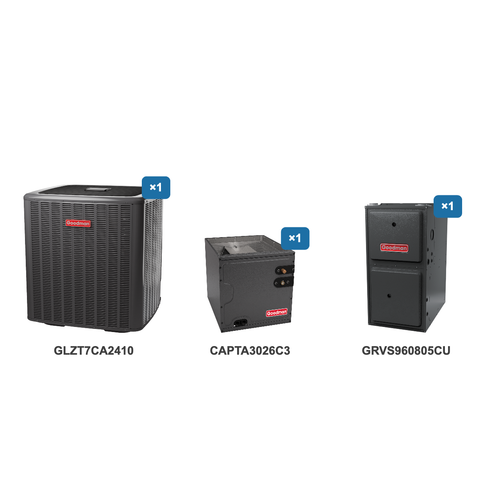 Goodman 2 Ton Heat Pump & Gas Furnace Dual Fuel System: GLZT7CA2410, CAPTA3026C3, GRVS960805CU