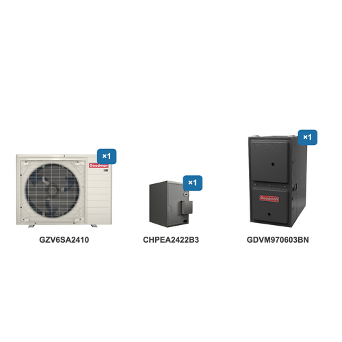 Goodman 2 Ton Heat Pump & Gas Furnace Dual Fuel System: GZV6SA2410, CHPEA2422B3, GDVM970603BN