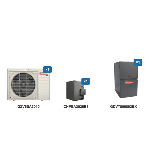 Goodman 2.5 Ton Heat Pump & Gas Furnace Dual Fuel System: GZV6SA3010, CHPEA3026B3, GDVT800803BX