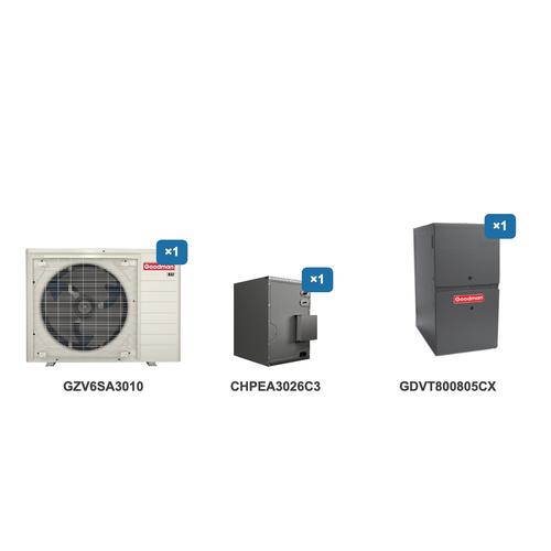 Goodman 2.5 Ton Heat Pump & Gas Furnace Dual Fuel System: GZV6SA3010, CHPEA3026C3, GDVT800805CX