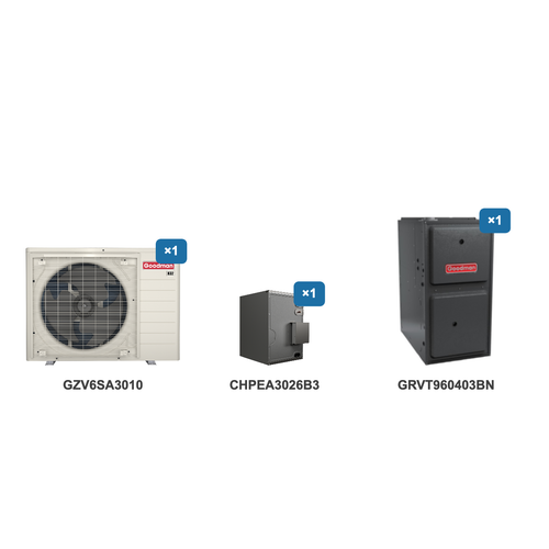 Goodman 2.5 Ton Heat Pump & Gas Furnace Dual Fuel System: GZV6SA3010, CHPEA3026B3, GRVT960403BN