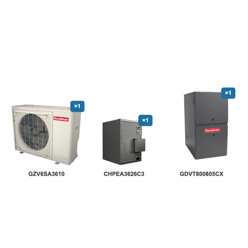 Goodman 3 Ton Heat Pump & Gas Furnace Dual Fuel System: GZV6SA3610, CHPEA3626C3, GDVT800805CX