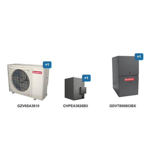 Goodman 3 Ton Heat Pump & Gas Furnace Dual Fuel System: GZV6SA3610, CHPEA3626B3, GDVT800803BX