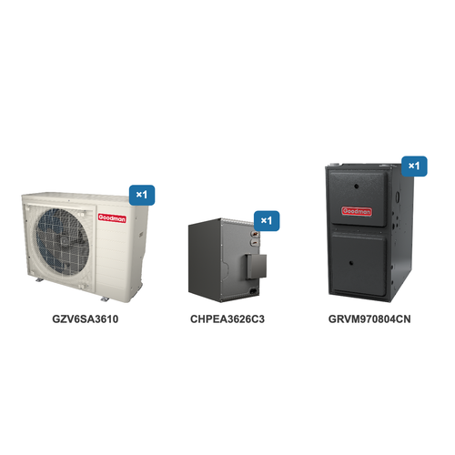 Goodman 3 Ton Heat Pump & Gas Furnace Dual Fuel System: GZV6SA3610, CHPEA3626C3, GRVM970804CN