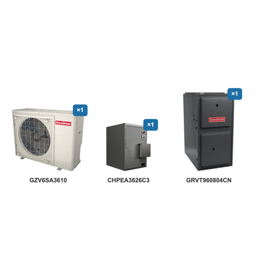 Goodman 3 Ton Heat Pump & Gas Furnace Dual Fuel System: GZV6SA3610, CHPEA3626C3, GRVT960804CN