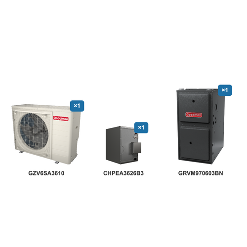 Goodman 3 Ton Heat Pump & Gas Furnace Dual Fuel System: GZV6SA3610, CHPEA3626B3, GRVM970603BN