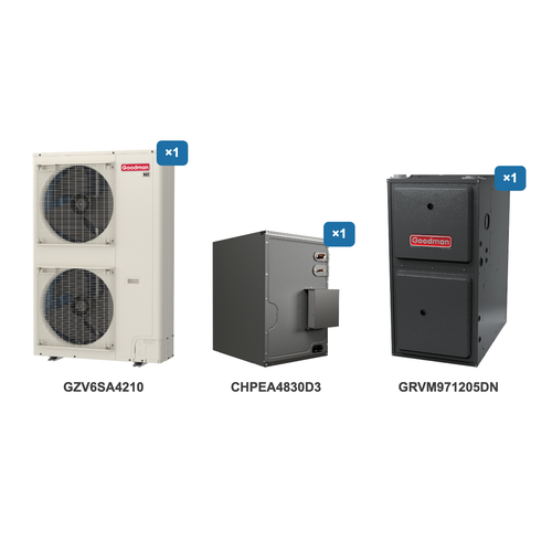 Goodman 3.5 Ton Heat Pump & Gas Furnace Dual Fuel System: GZV6SA4210, CHPEA4830D3, GRVM971205DN