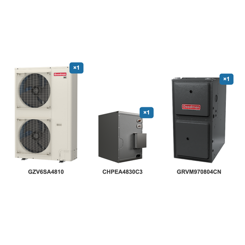 Goodman 4 Ton Heat Pump & Gas Furnace Dual Fuel System: GZV6SA4810, CHPEA4830C3, GRVM970804CN