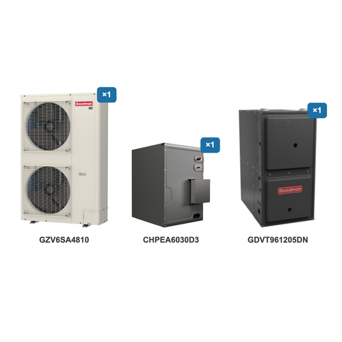 Goodman 4 Ton Heat Pump & Gas Furnace Dual Fuel System: GZV6SA4810, CHPEA6030D3, GDVT961205DN