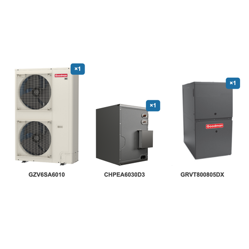 Goodman 5 Ton Heat Pump & Gas Furnace Dual Fuel System: GZV6SA6010, CHPEA6030D3, GRVT800805DX
