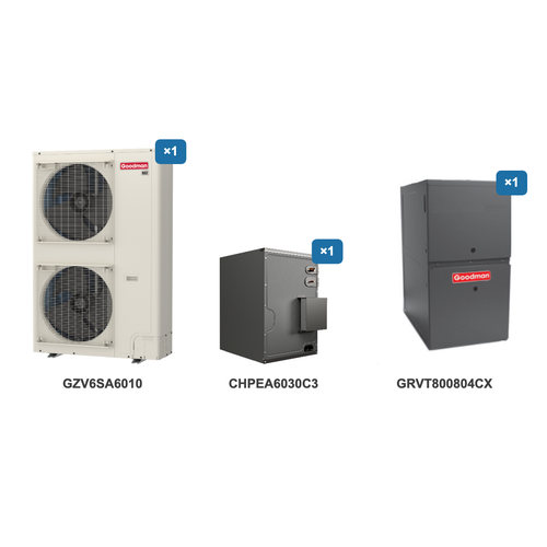 Goodman 5 Ton Heat Pump & Gas Furnace Dual Fuel System: GZV6SA6010, CHPEA6030C3, GRVT800804CX