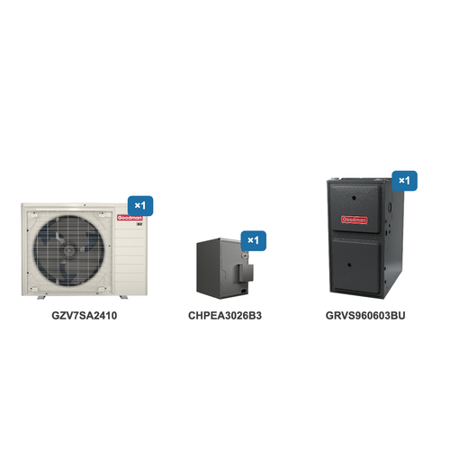 Goodman 2 Ton Heat Pump & Gas Furnace Dual Fuel System: GZV7SA2410, CHPEA3026B3, GRVS960603BU