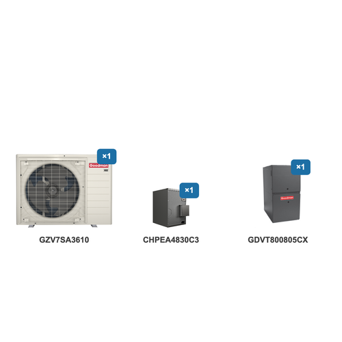 Goodman 3 Ton Heat Pump & Gas Furnace Dual Fuel System: GZV7SA3610, CHPEA4830C3, GDVT800805CX