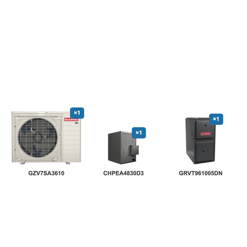 Goodman 3 Ton Heat Pump & Gas Furnace Dual Fuel System: GZV7SA3610, CHPEA4830D3, GRVT961005DN