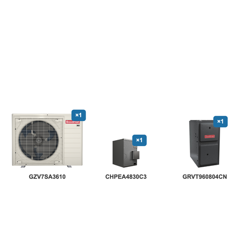 Goodman 3 Ton Heat Pump & Gas Furnace Dual Fuel System: GZV7SA3610, CHPEA4830C3, GRVT960804CN