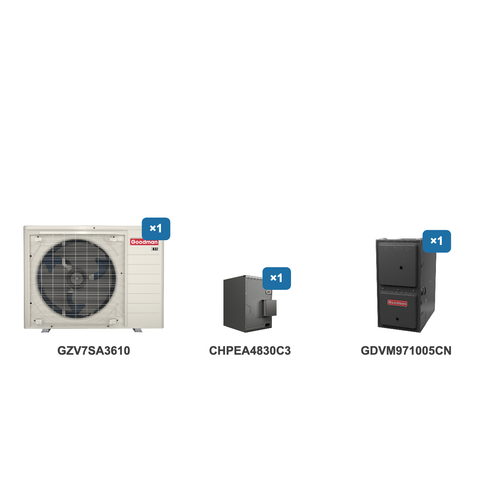 Goodman 3 Ton Heat Pump & Gas Furnace Dual Fuel System: GZV7SA3610, CHPEA4830C3, GDVM971005CN