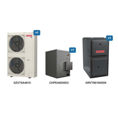 Goodman 4 Ton Heat Pump & Gas Furnace Dual Fuel System: GZV7SA4810, CHPEA6030D3, GRVT961005DN