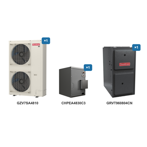 Goodman 4 Ton Heat Pump & Gas Furnace Dual Fuel System: GZV7SA4810, CHPEA4830C3, GRVT960804CN