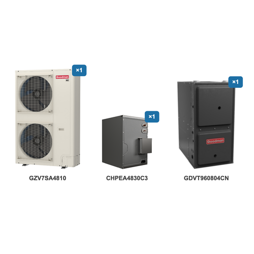 Goodman 4 Ton Heat Pump & Gas Furnace Dual Fuel System: GZV7SA4810, CHPEA4830C3, GDVT960804CN